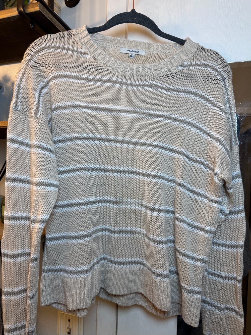 Madewell 100% Linen Beige and White Striped Crewneck Sweater